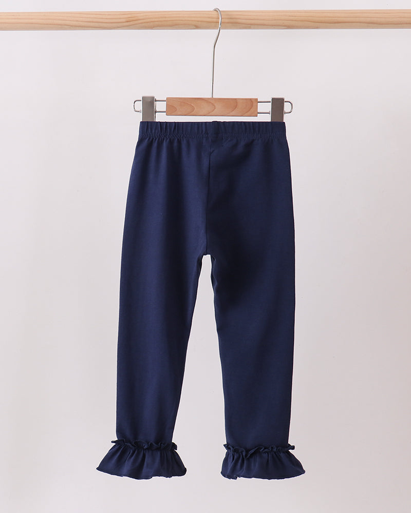 Navy leggings on hanger with ruffle cuffs, full length