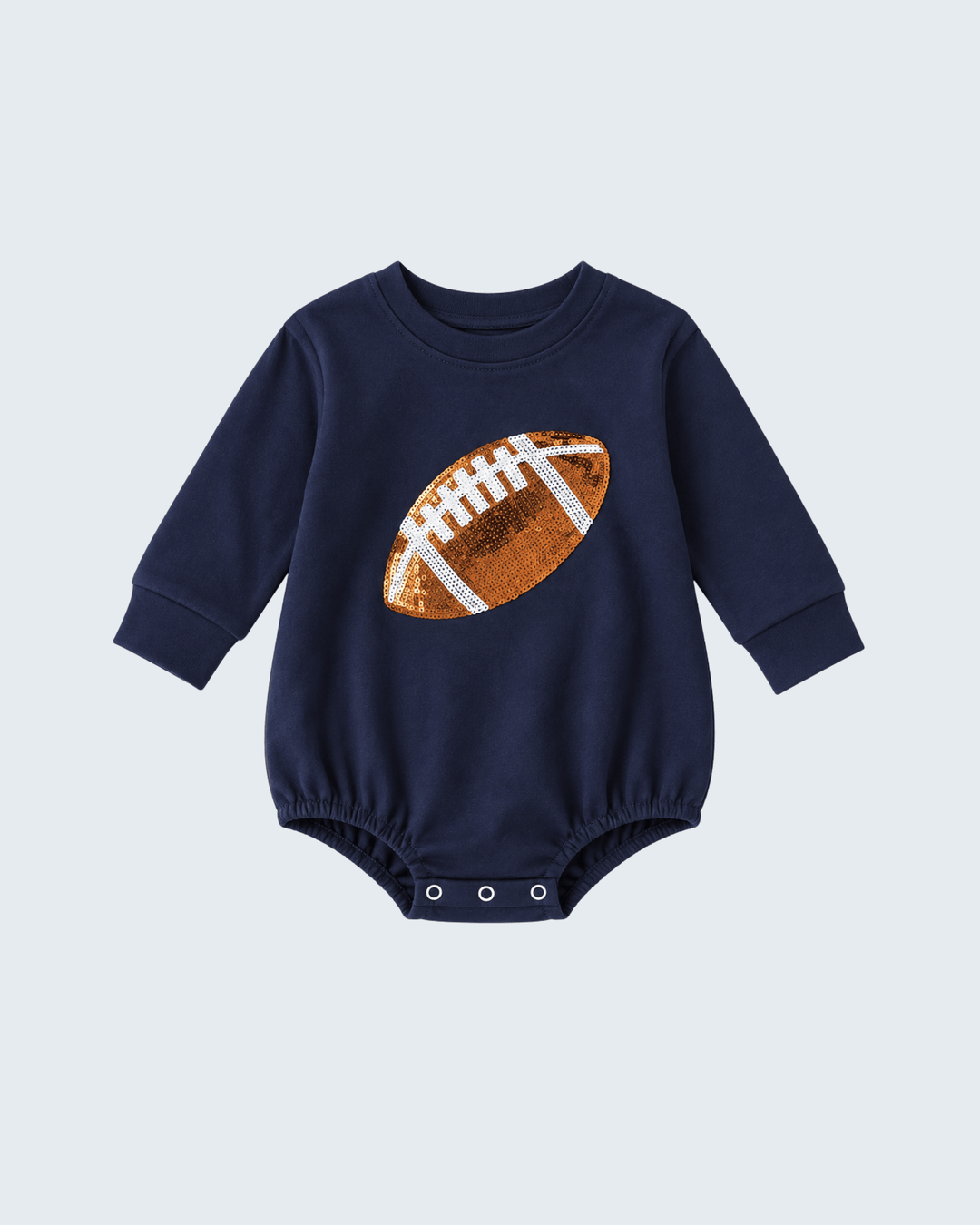 Navy long-sleeve baby bodysuit with sequined football applique and snap bottom