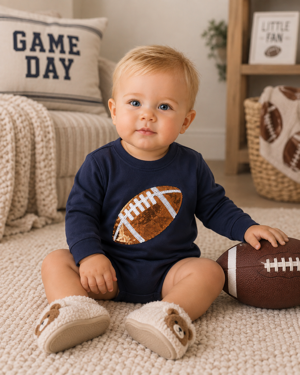 Navy long-sleeve baby bodysuit with sequined football front, worn by toddler