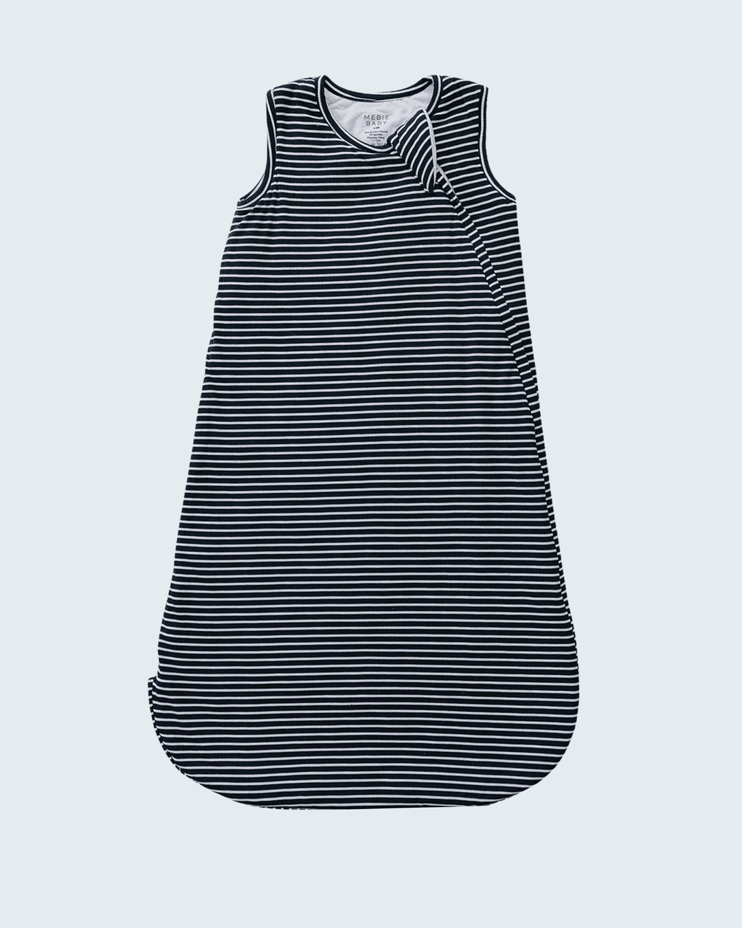A sleeveless baby sleep sack with horizontal navy and white stripes, featuring a crossover shoulder design, shown flat against a light gray background.