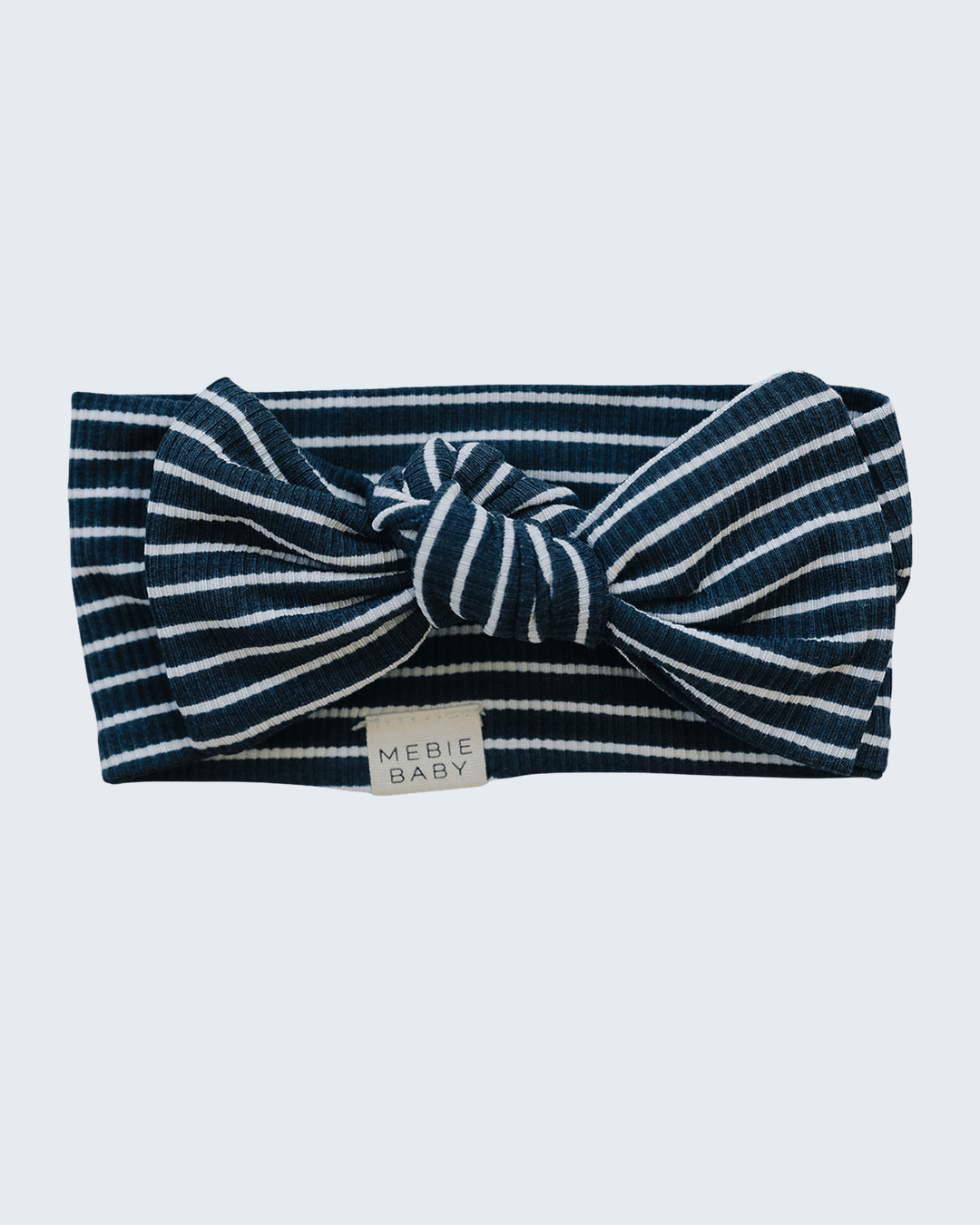 Navy and white striped ribbed baby head wrap with front bow, MEBIE BABY label
