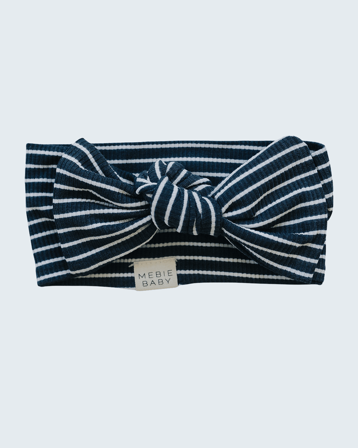 Navy and white striped ribbed baby head wrap with front bow, MEBIE BABY label