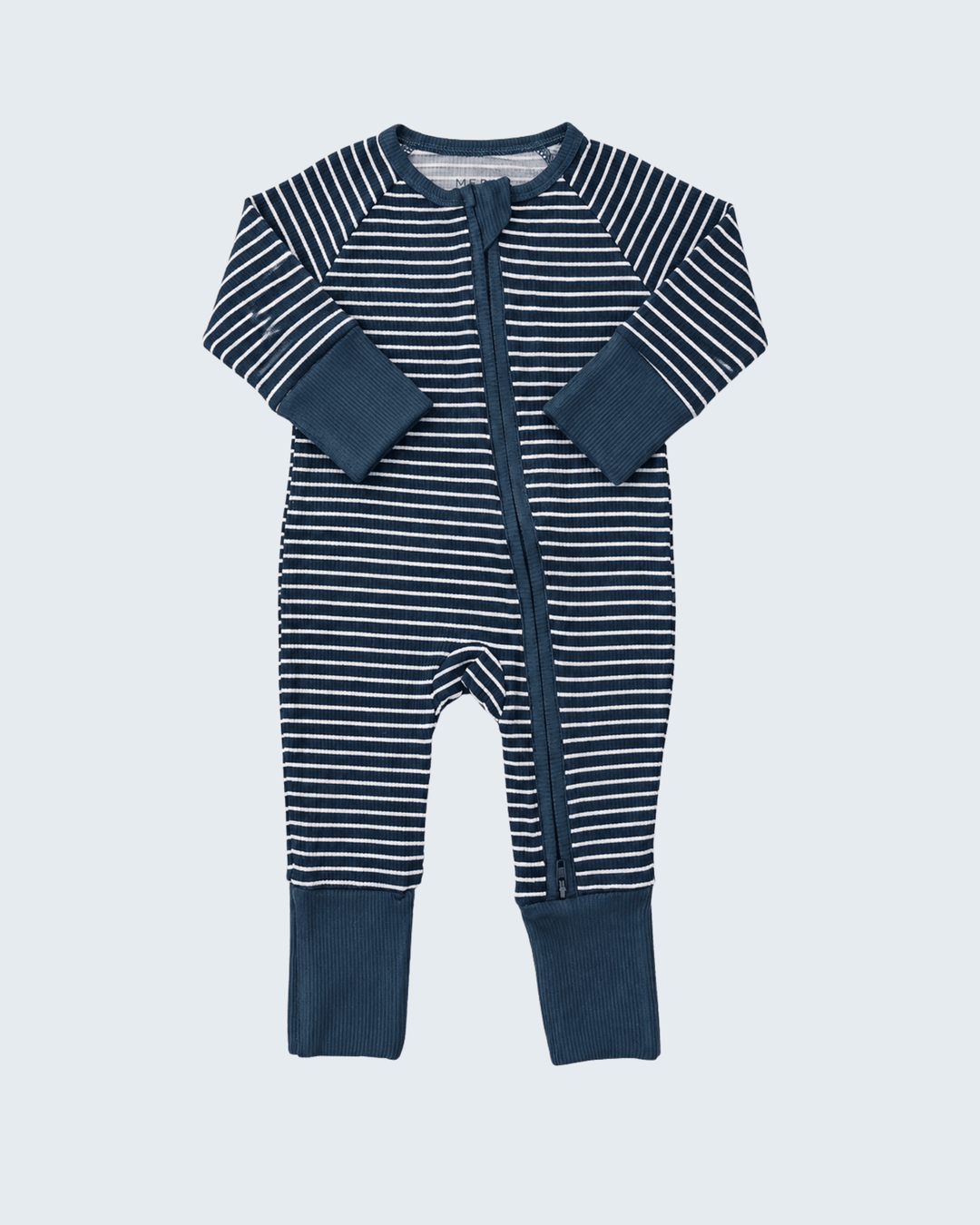 A baby long-sleeve footless one-piece sleeper with navy blue and white horizontal stripes, featuring solid navy cuffs and a matching navy zipper closure.
