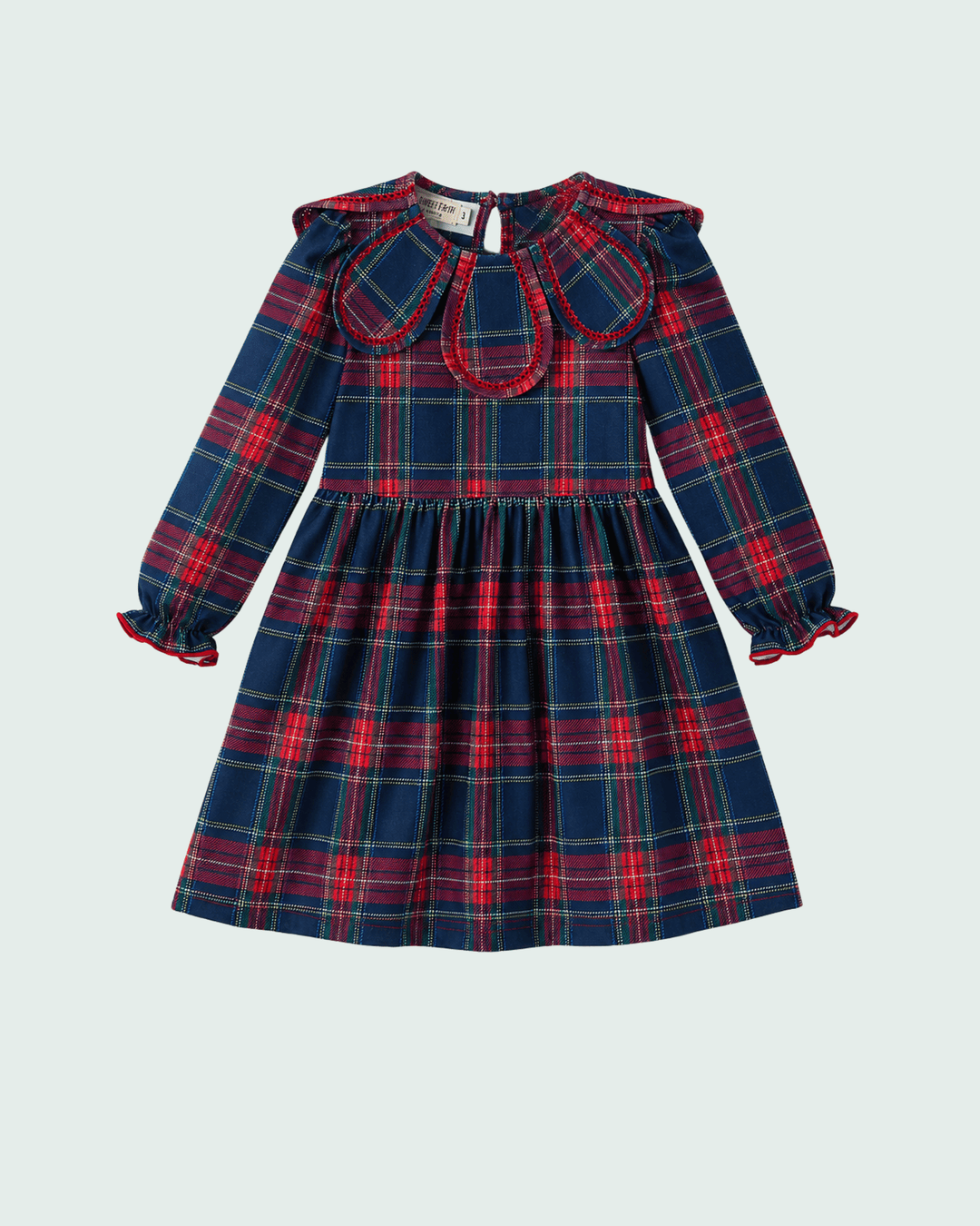 Navy plaid long-sleeve dress with red tartan pattern and petal collar