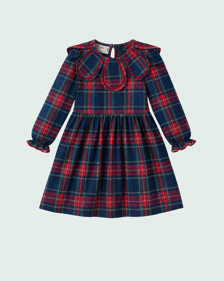 Navy plaid long-sleeve dress with red tartan pattern and petal collar