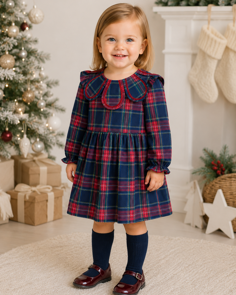 Navy plaid long-sleeve dress with petal collar and gathered skirt, elastic cuffs