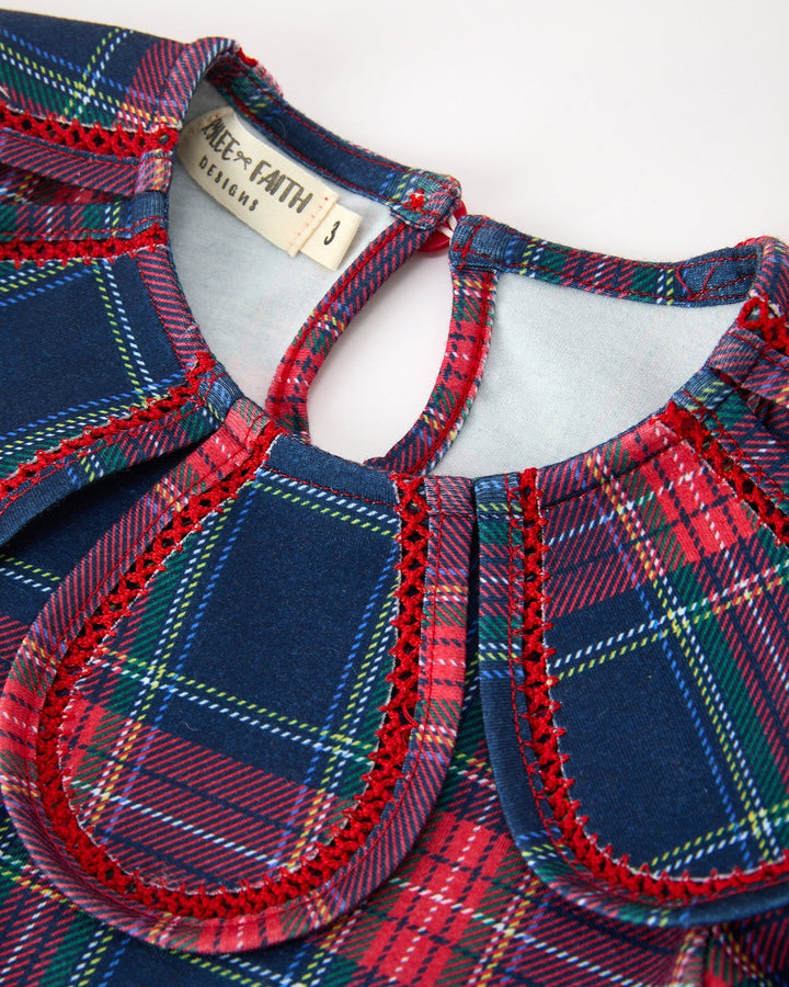 Girls plaid dress neckline with petal collar and keyhole cutout, blue inner facing