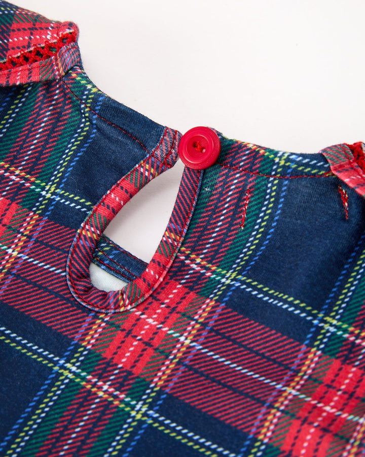 Plaid dress back keyhole with red button and loop closure, long sleeve