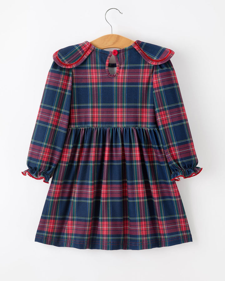 Girls plaid long-sleeve dress with scalloped petal collar, button back, gathered skirt
