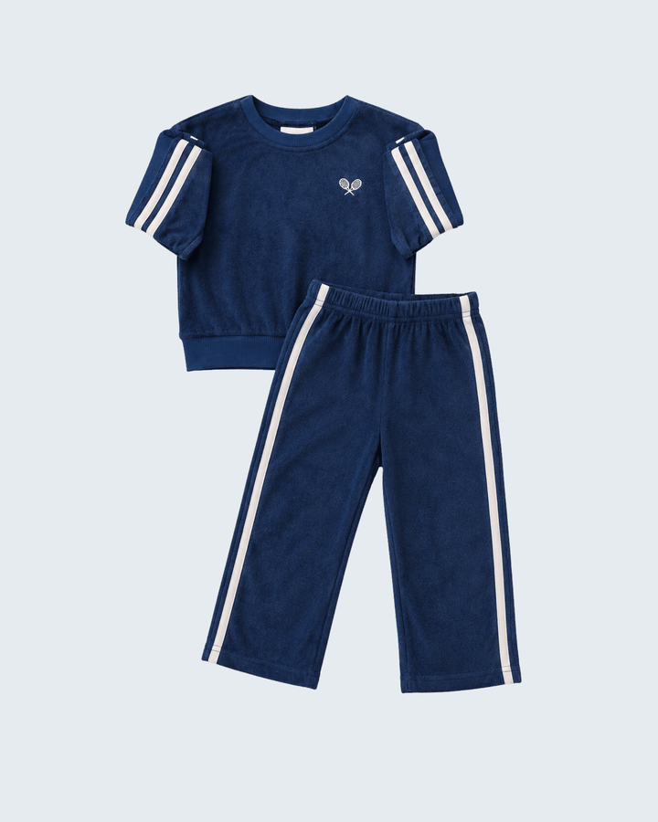 Navy terry cloth tracksuit set with crew sweatshirt and wide-leg pants