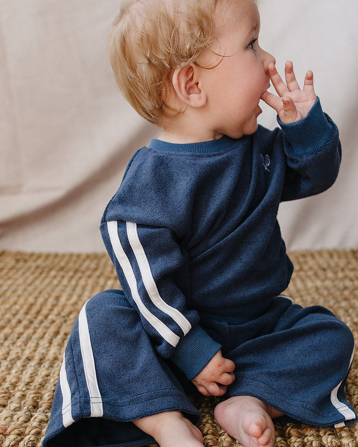 Navy terry tracksuit for toddler: crew sweatshirt and jogger pants with white stripes