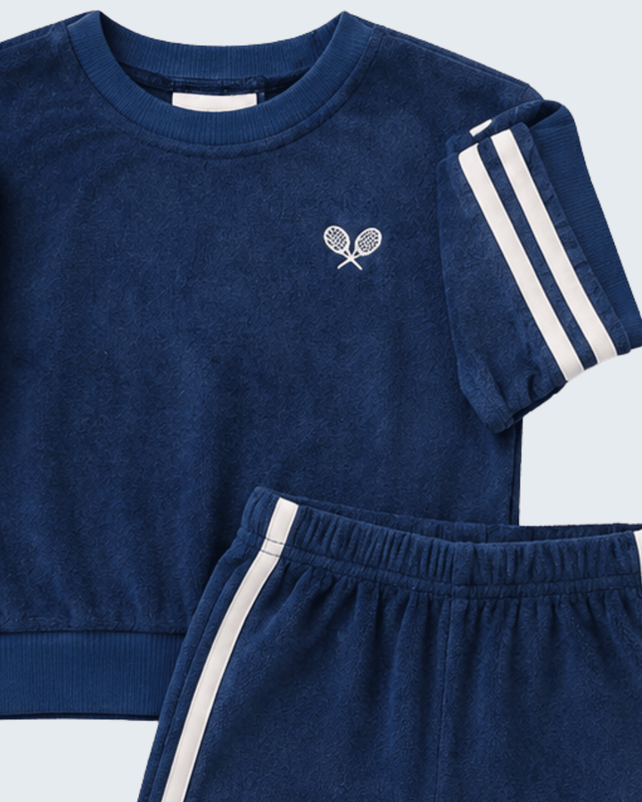 Navy terry cloth sweatshirt and track pants set with bow logo and sleeve stripes