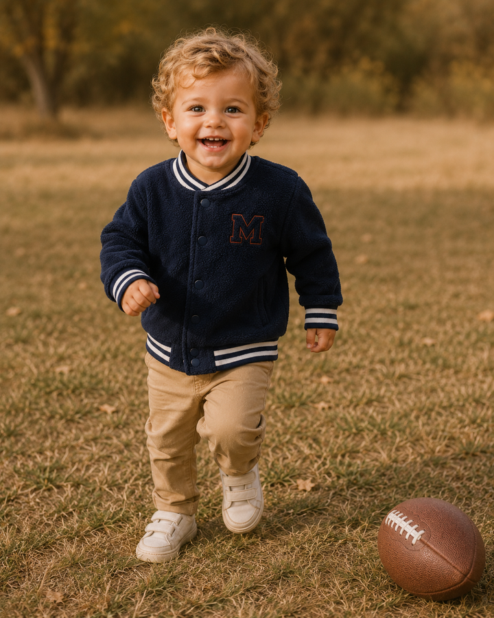 Toddler boy in a navy varsity jacket is playing with a football on a grassy area