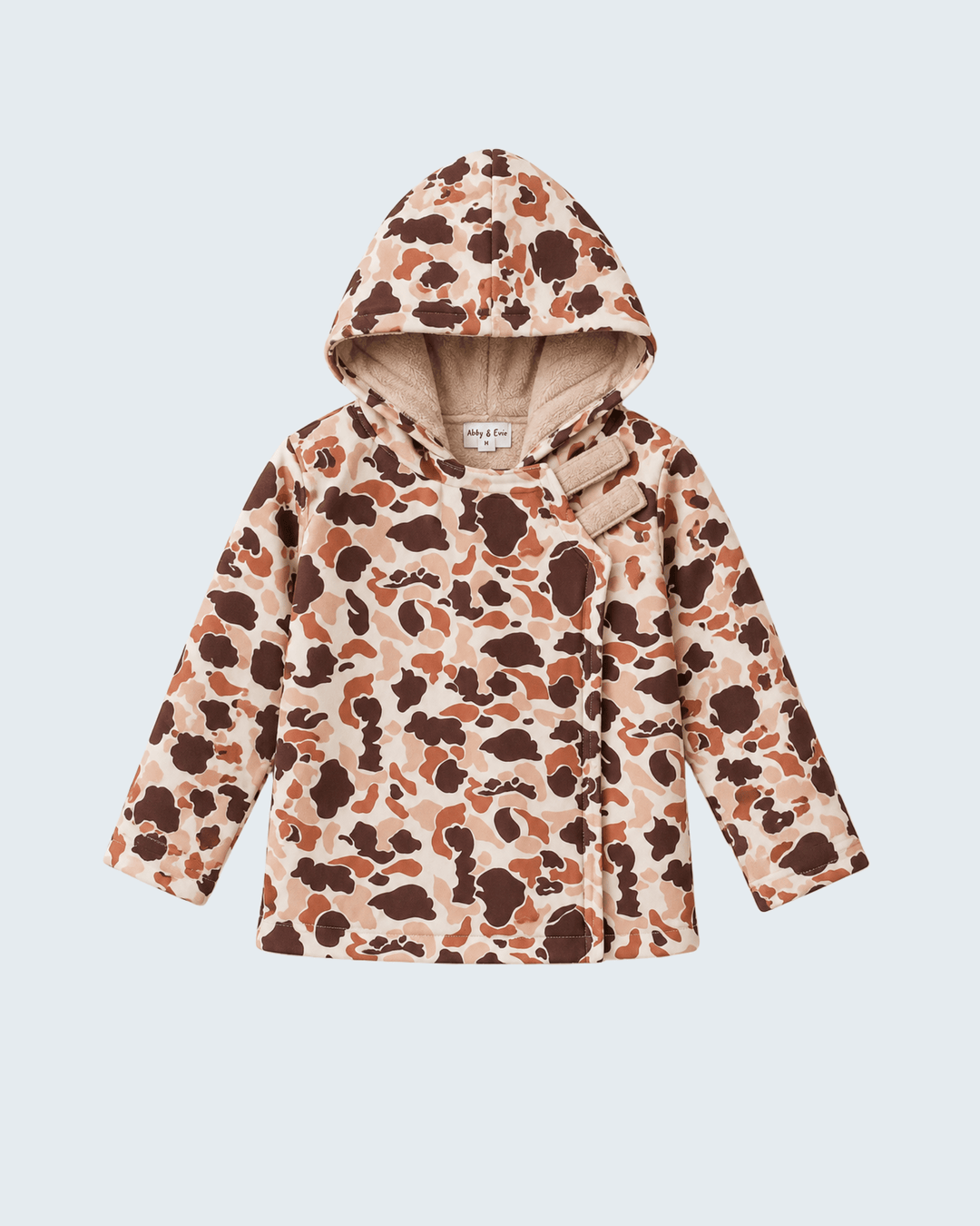 Camo fleece hooded coat, long sleeves, sherpa-lined collar and cuffs