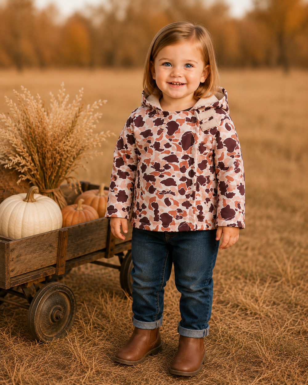 Camo fleece hooded coat on child, sherpa lining, long sleeves and hood