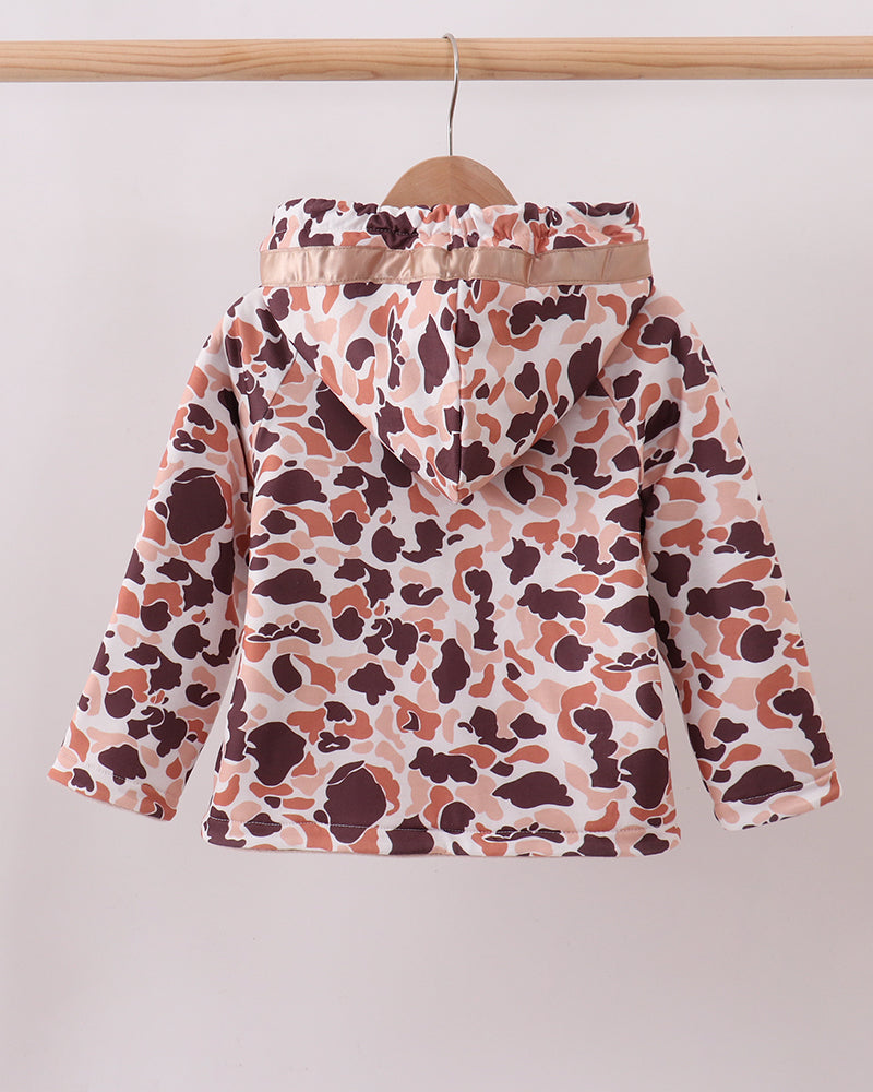 Camo hooded fleece coat with gathered hood and sherpa-lined trim, long sleeves