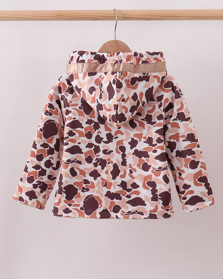 Camo hooded fleece coat with gathered hood and sherpa-lined trim, long sleeves