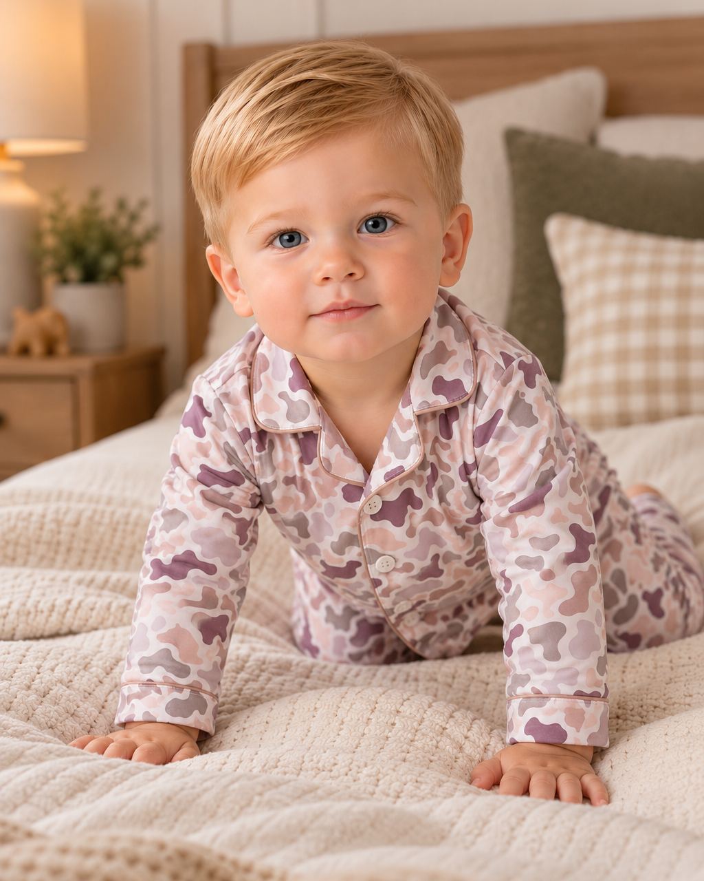 A baby boy wearing a light pink and purple camouflage-patterned long-sleeve pajama set crawls on a cozy beige quilted bed in a warmly lit bedroom.