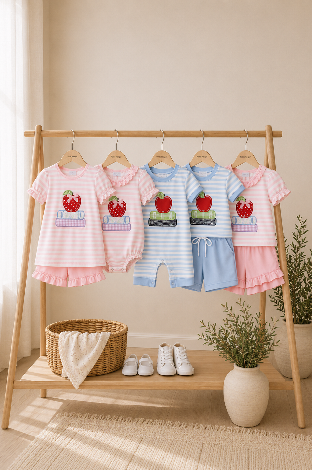 Children's outfits hanging on a wooden clothing rack in a bright room. The set includes pink and blue striped and solid short-sleeve tops and shorts, each with a red apple graphic on the chest.