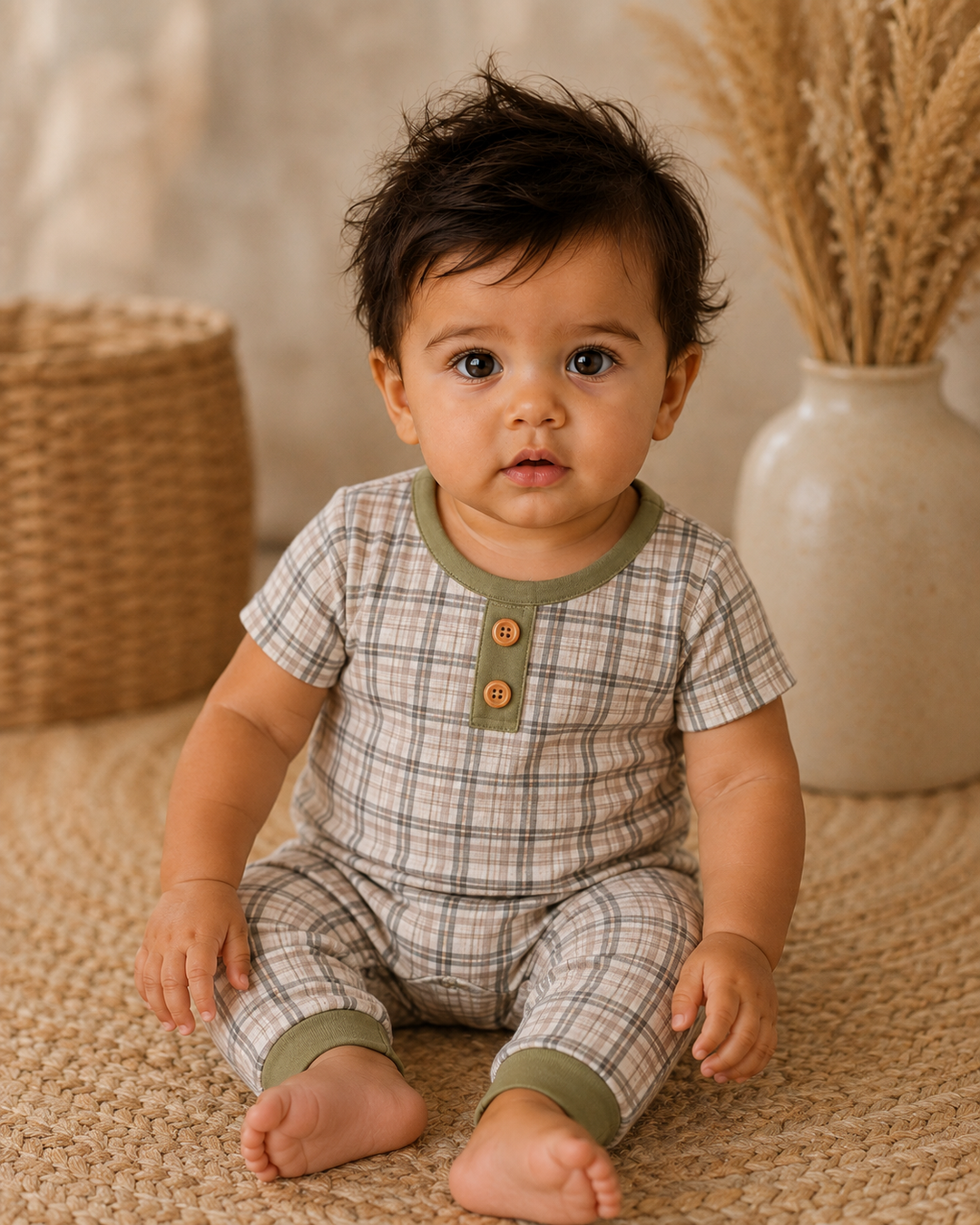A baby sitting on a woven rug wearing a short-sleeve plaid romper in beige and gray with sage green trim and buttons.