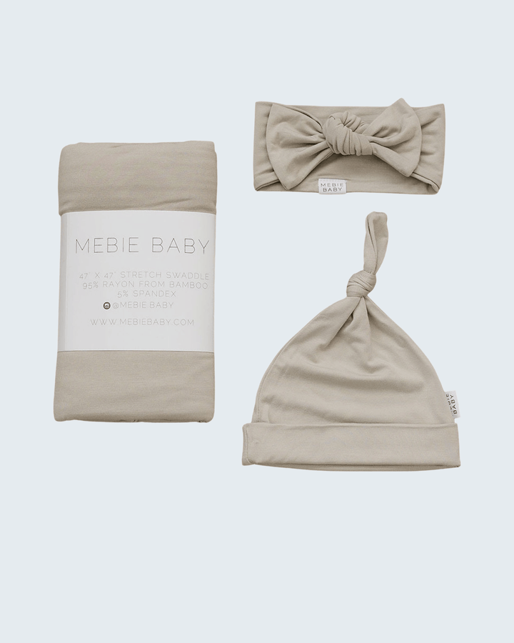 Oatmeal bamboo baby swaddle blanket with knotted head wrap