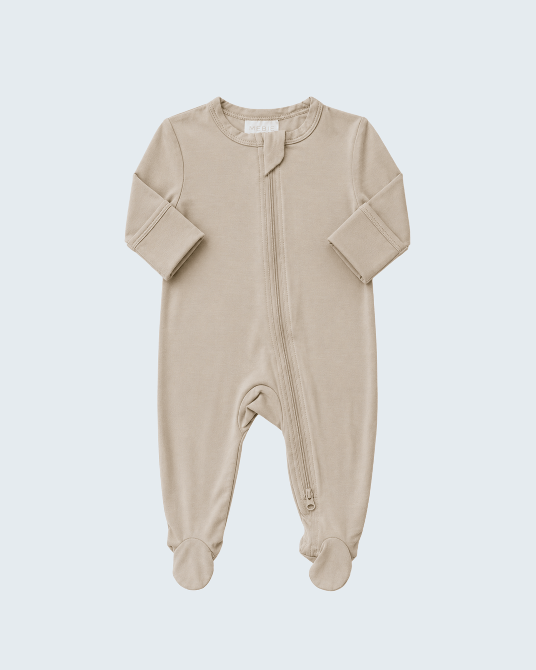 Oatmeal bamboo footed zipper romper, long sleeves, front zipper, built-in feet.