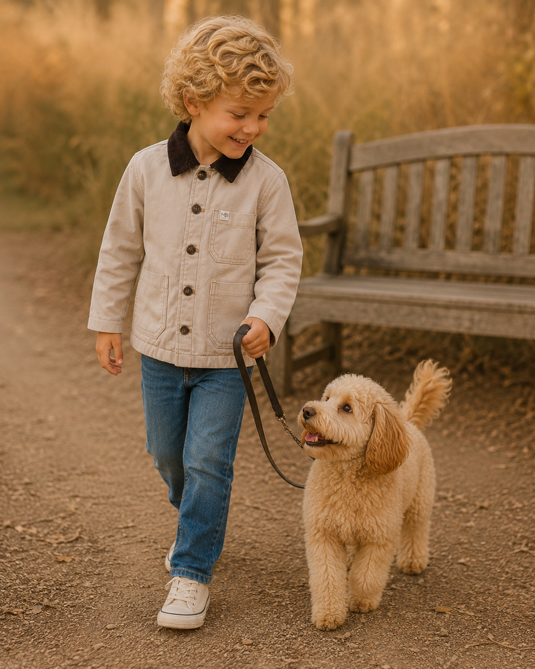 Young boy in a jacket and jeans is walking his dog