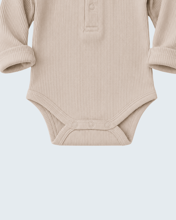 Baby oatmeal long sleeve bodysuit with snap closure