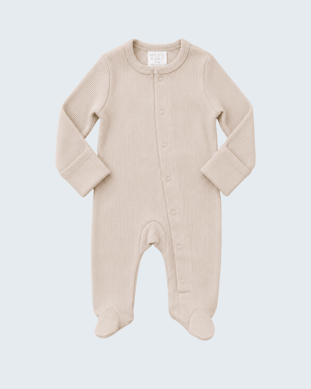 Oatmeal ribbed cotton snap romper with long sleeves and footed legs