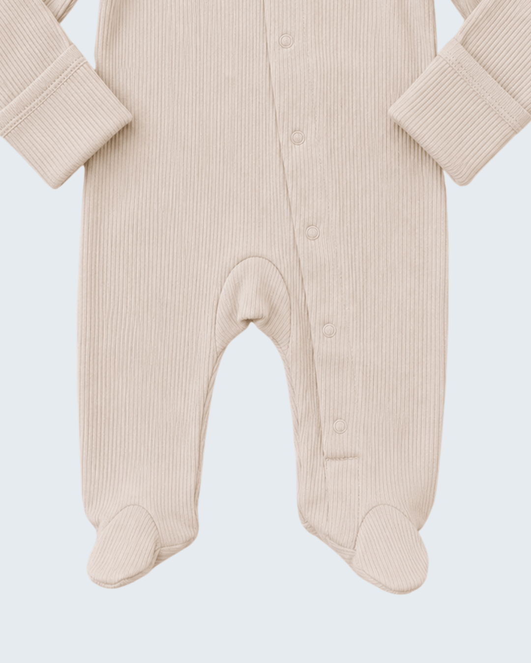 Oatmeal ribbed cotton snap romper front view with button placket and footed cuffs