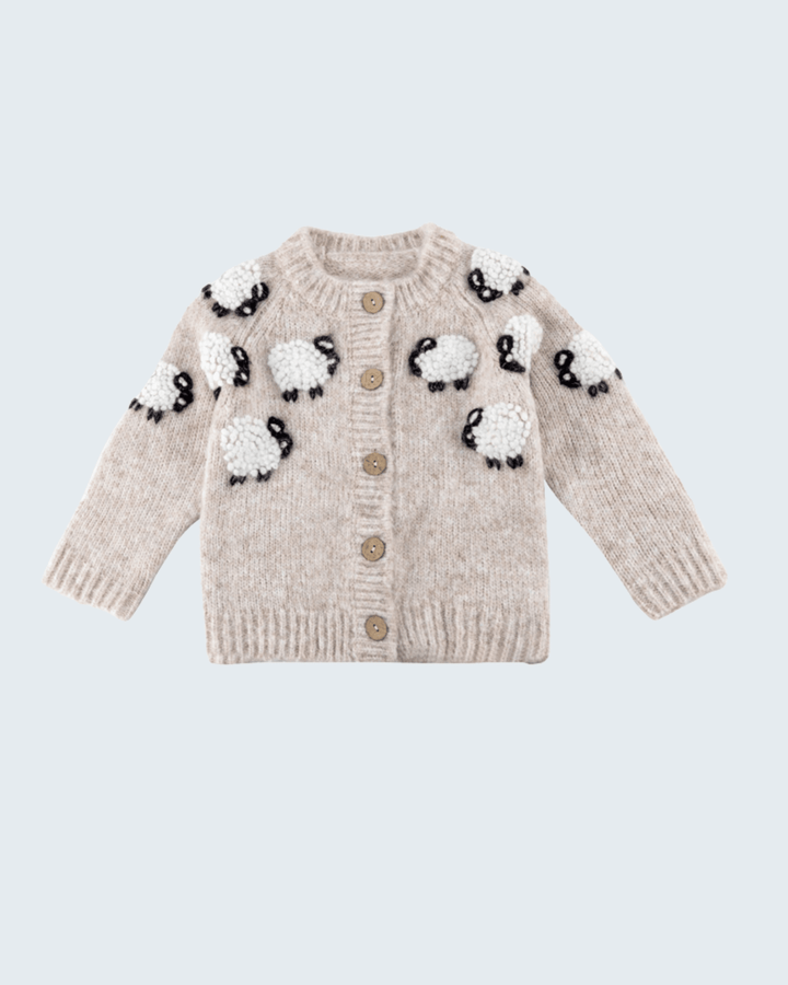 Oatmeal knit cardigan with button front and black-and-white sheep patches