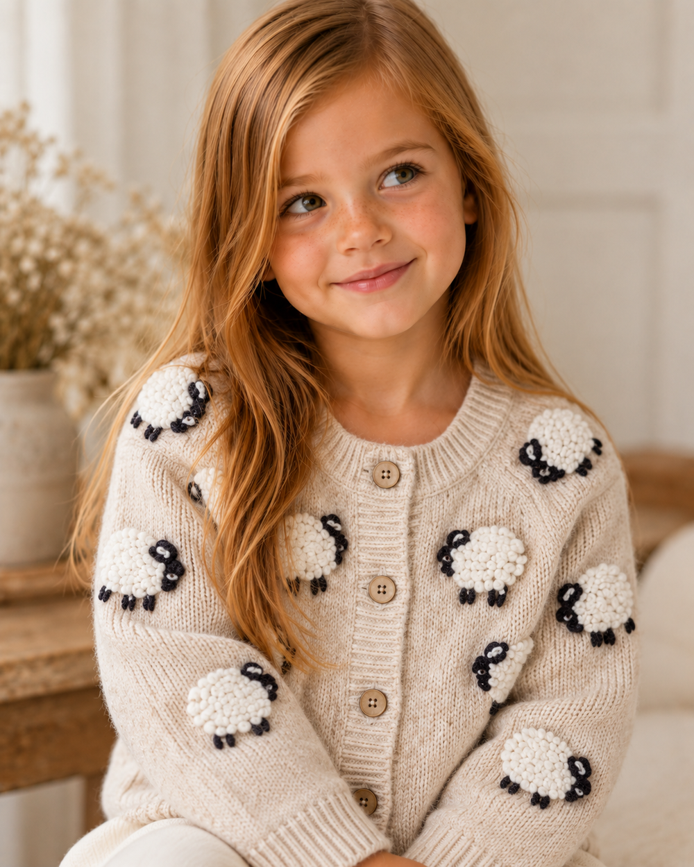 Oatmeal sheep-knit cardigan with button front, long sleeves, sheep appliques