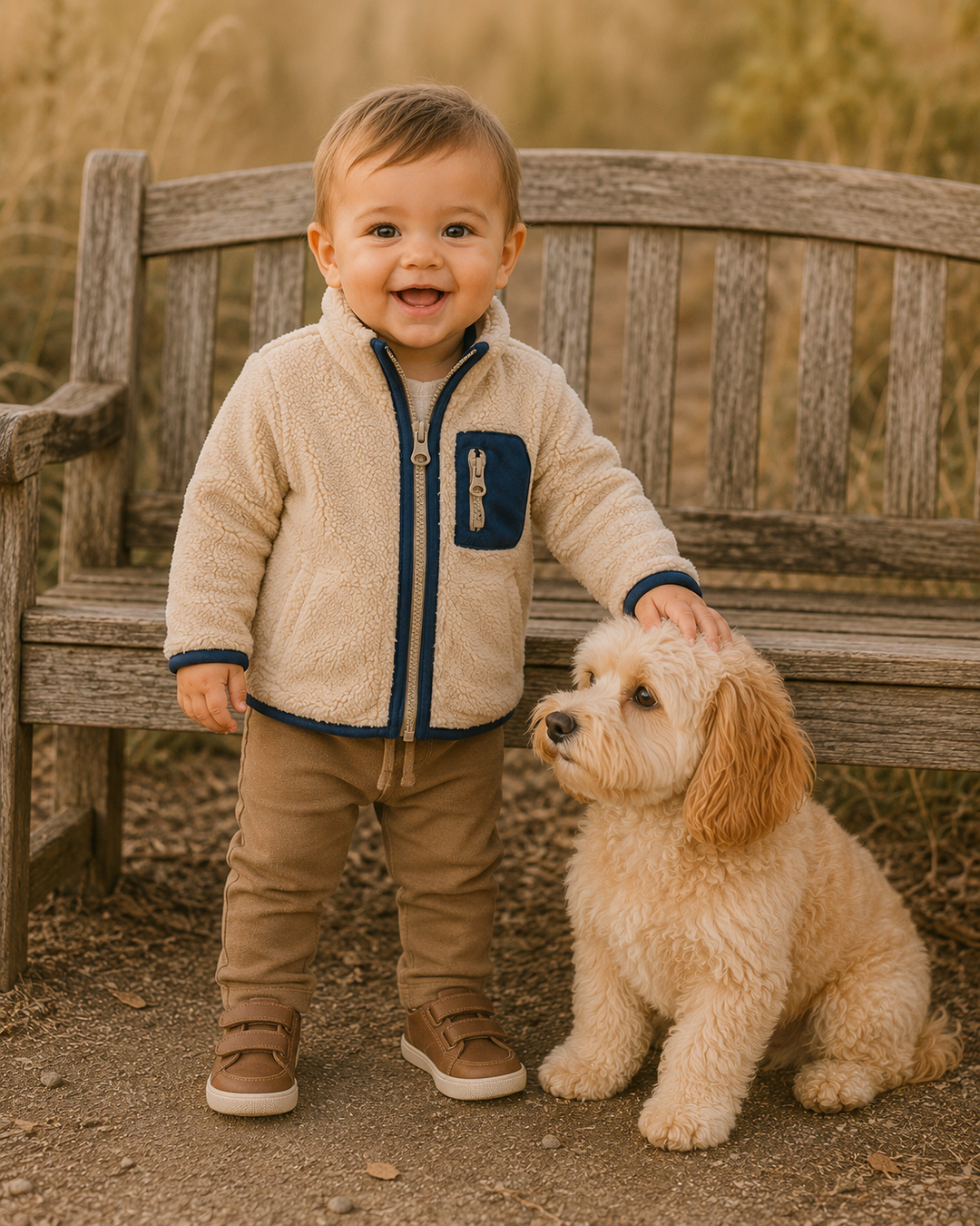 A baby boy is standing by a wooden bench petting his dog.