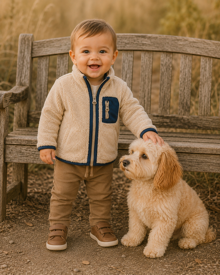A baby boy is standing by a wooden bench petting his dog.