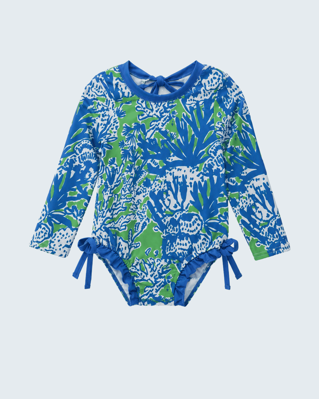 Blue and green patterned baby swimsuit on a light gray background