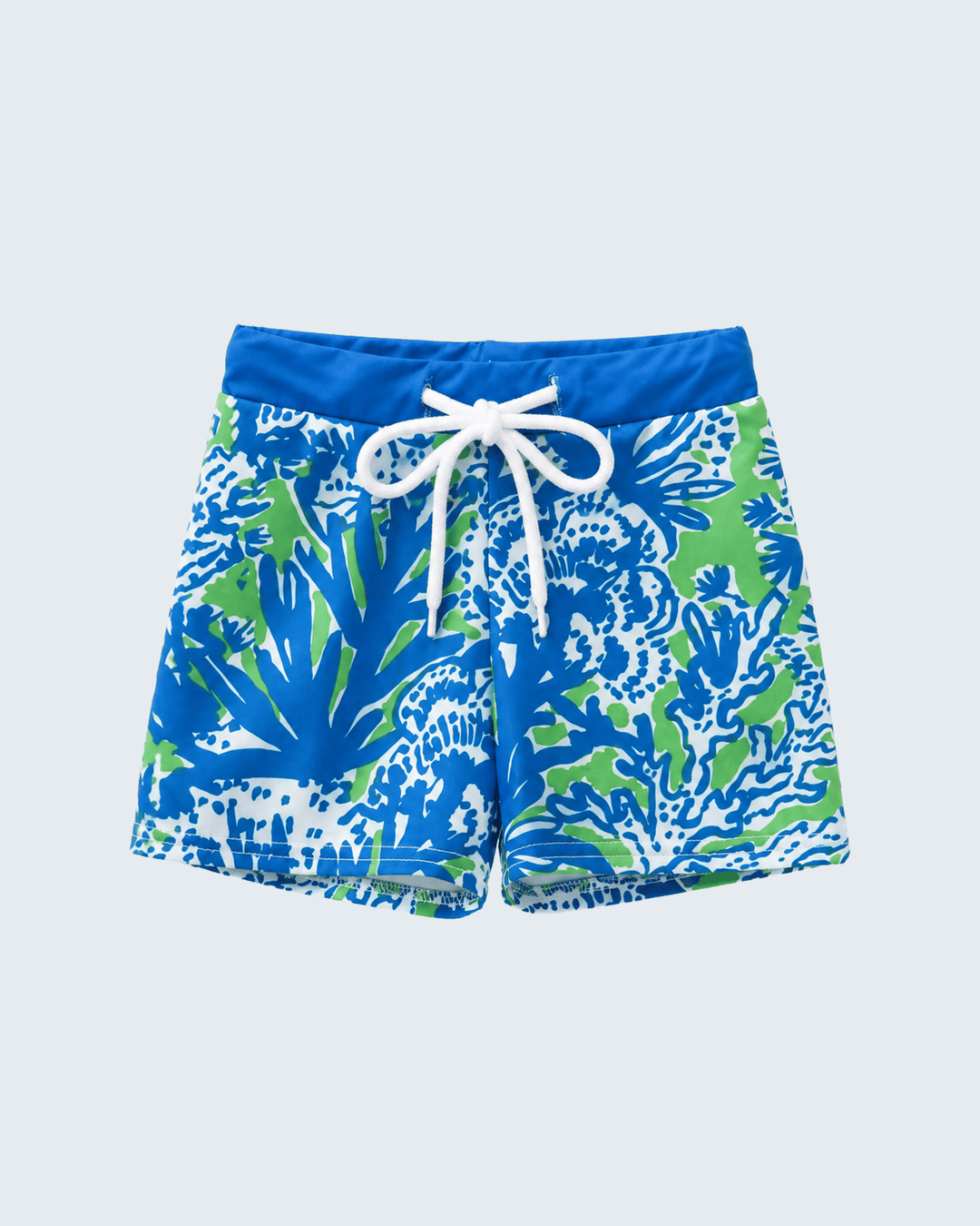 Blue and green patterned swim shorts with a white drawstring on a light gray background