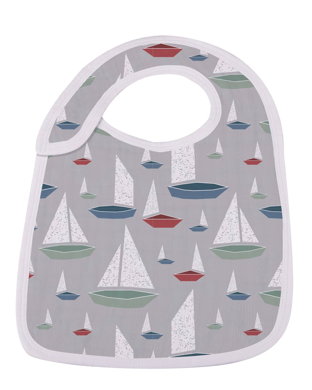 Baby bib with sailboat pattern on a gray background