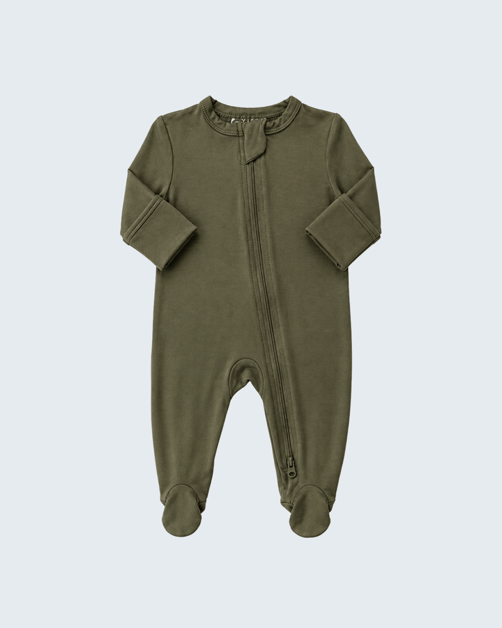 Olive bamboo footed zipper romper with long sleeves and full-length front zip