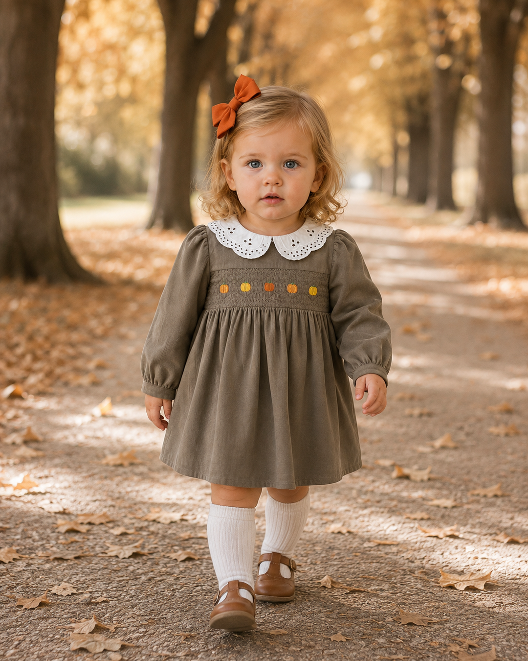 A toddler girl walking on a leaf-strewn path lined with trees, wearing an olive brown long-sleeve dress with a white Peter Pan collar, white socks, and brown shoes, and wearing an orange bow in her hair.