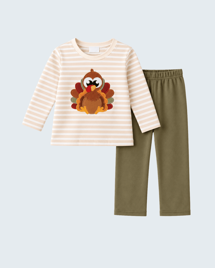 Striped long-sleeve top and olive pants set with turkey appliqué