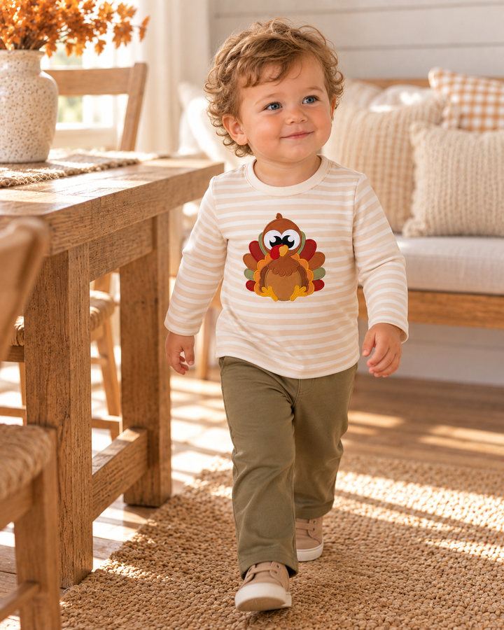 Olive turkey appliqué stripe pants set with long-sleeve striped top and olive pants
