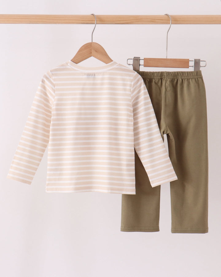Kids striped shirt and olive pants set on hangers