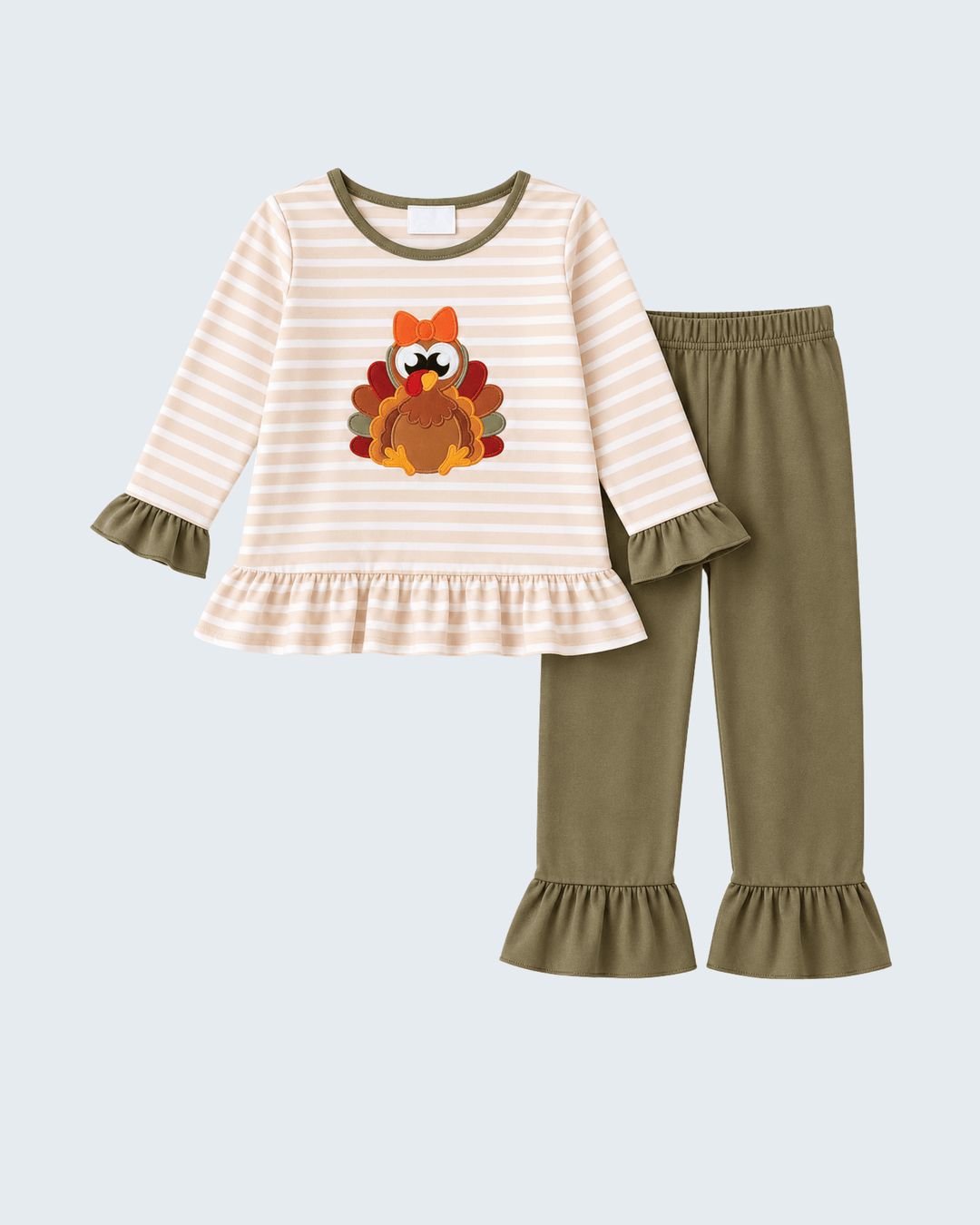 Olive turkey appliqué stripe ruffle pants set with long-sleeve top and ruffled pants