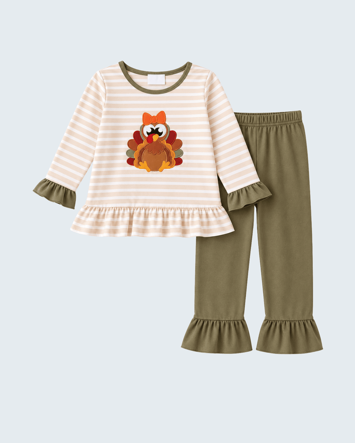 Olive turkey appliqué stripe ruffle pants set with long-sleeve top and ruffled pants