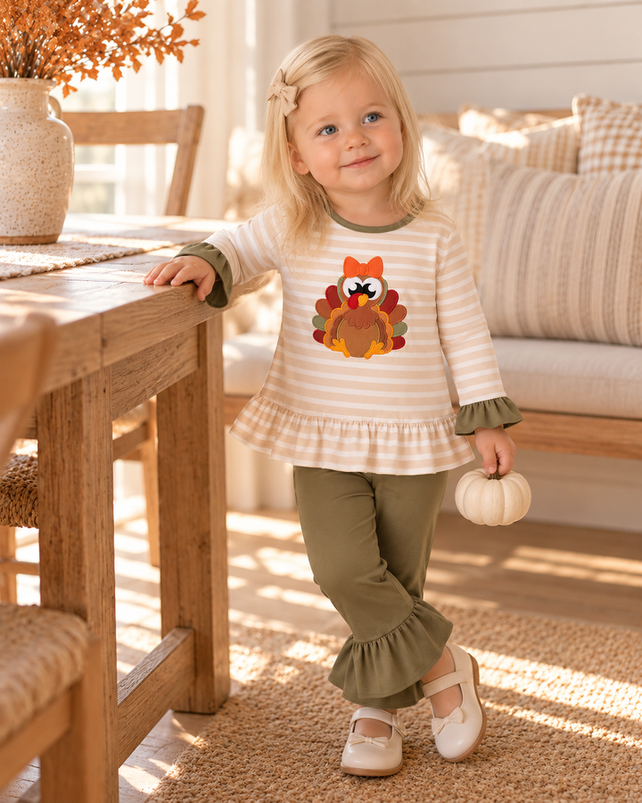 Olive striped ruffle pants set with turkey appliqué