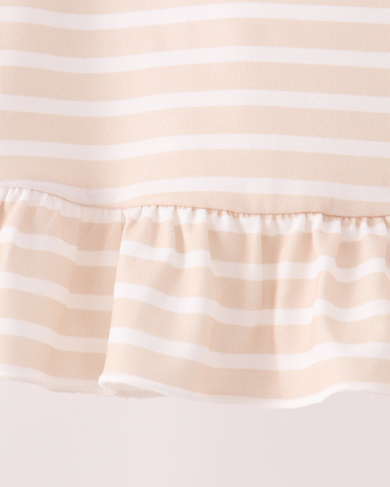 Striped long-sleeve shirt with gathered ruffle hem and soft neckline