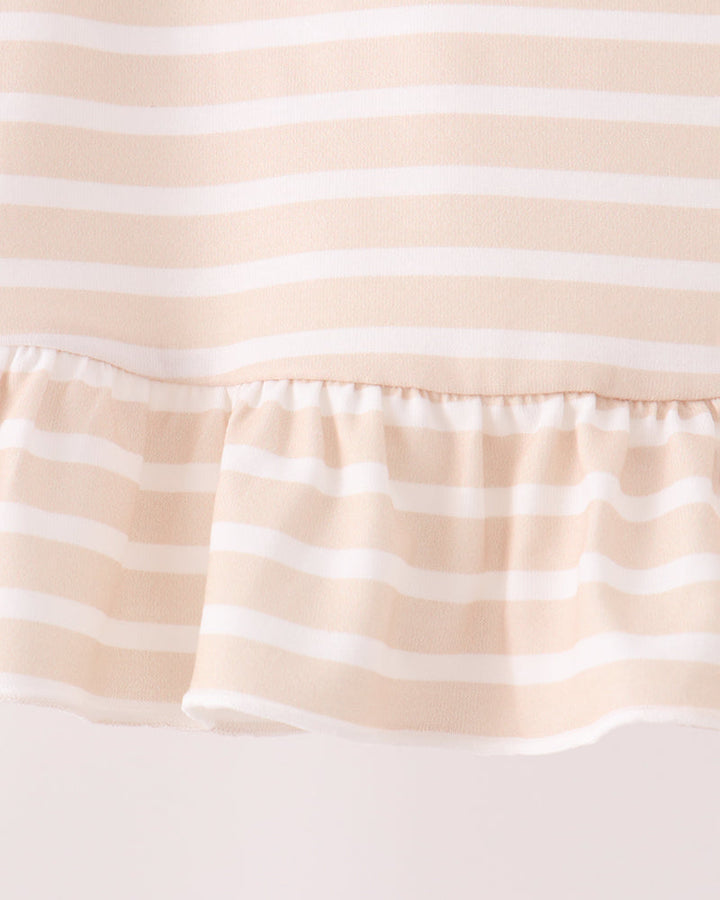 Striped long-sleeve shirt with gathered ruffle hem and soft neckline