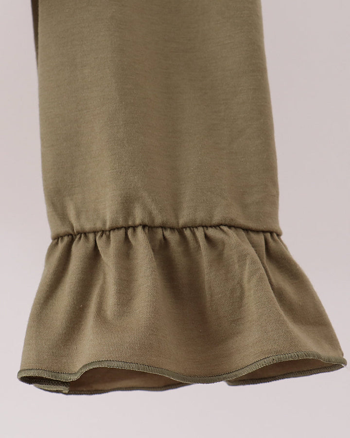 Olive pull-on pants with gathered elastic waist and ruffled hem cuffs