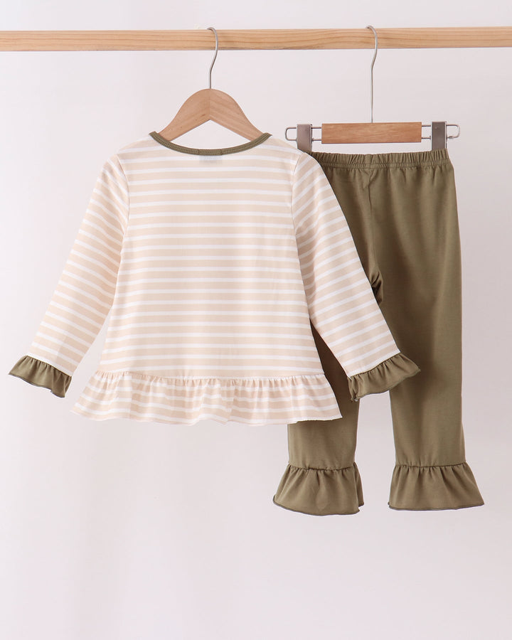 Stripe ruffle top with turkey applique and olive pull-on pants, matching set on hangers