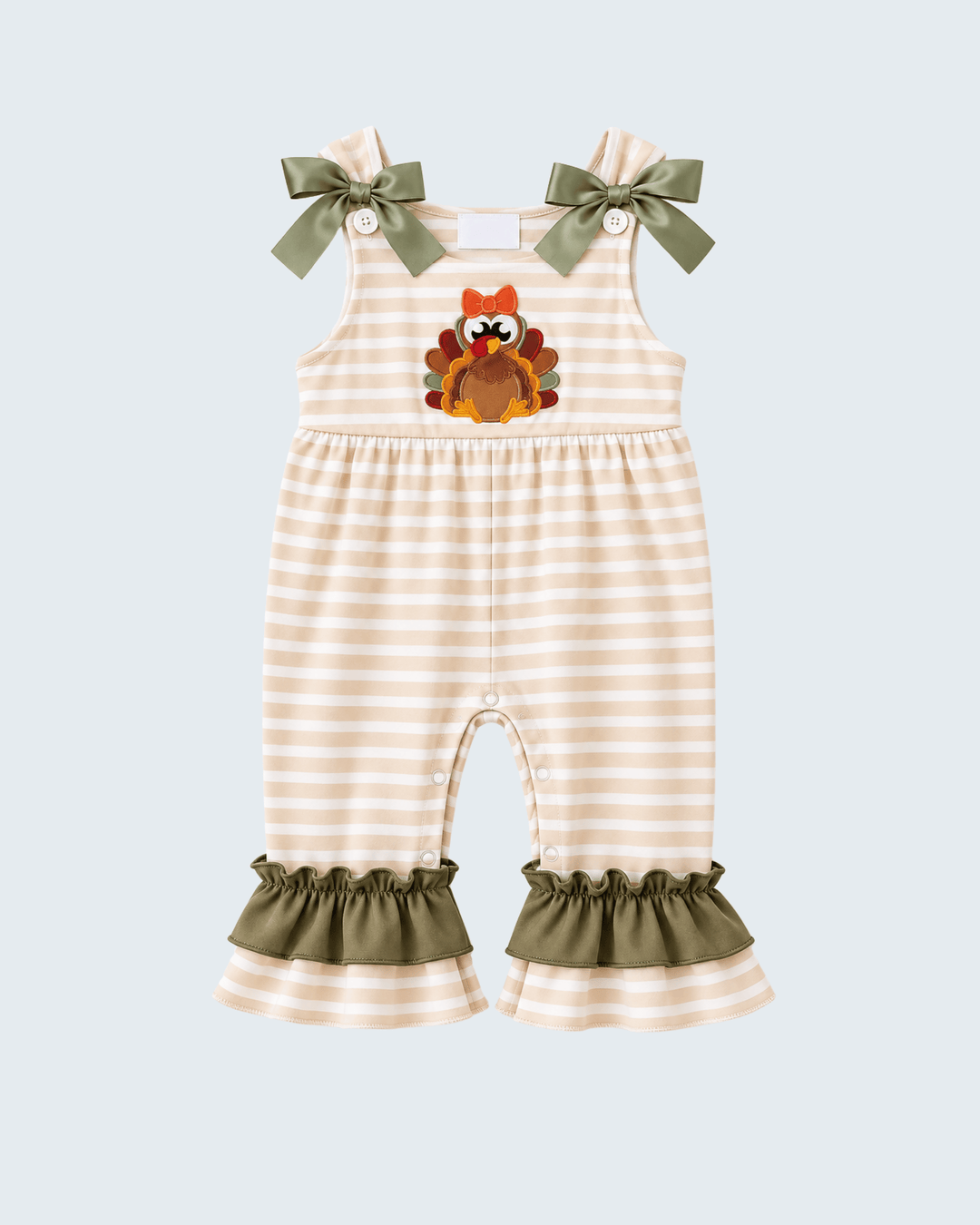 Striped romper with turkey appliqué, olive bows, and ruffled leg openings